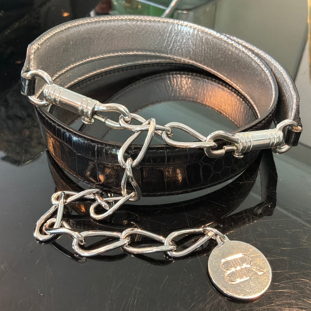 Banana Republic Black Croc Embossed Leather Chain Belt Silver Italy M/L EUC